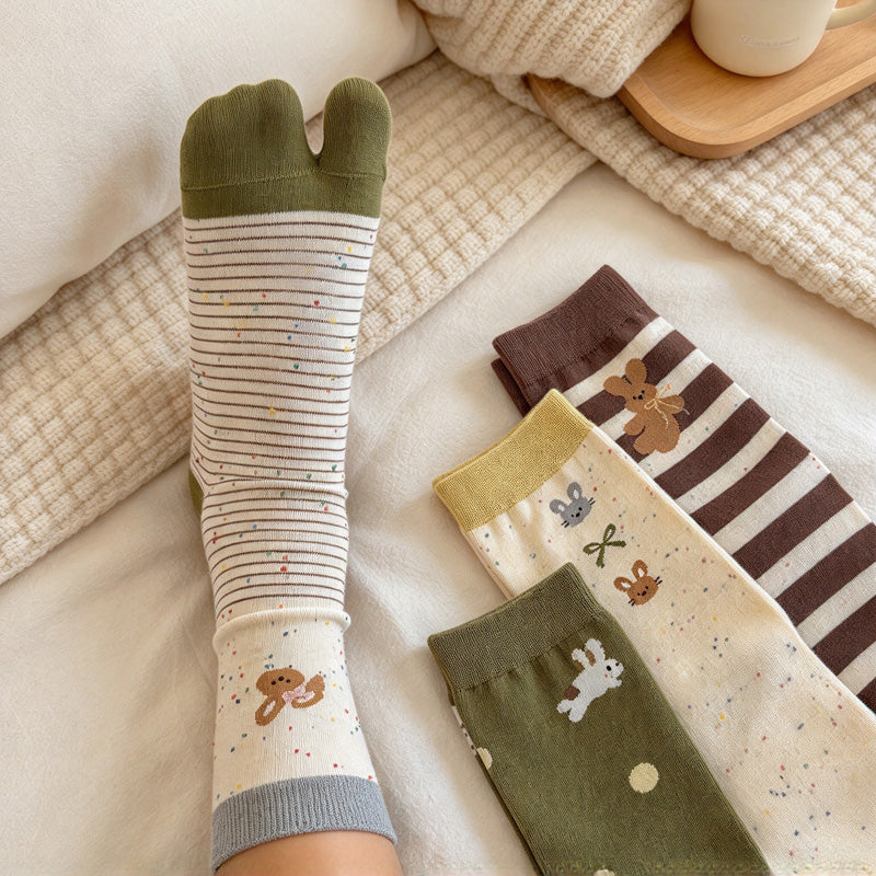 CouldNook Patterned Split-Toe Socks - Rabbit Motifs And Contrast Toe Sections