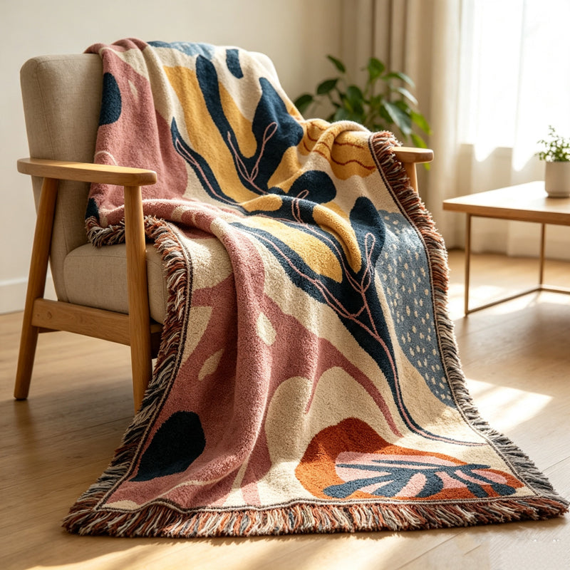CouldNook Woven Throw Blanket - Mid-Century Abstract Botanical Tapestry