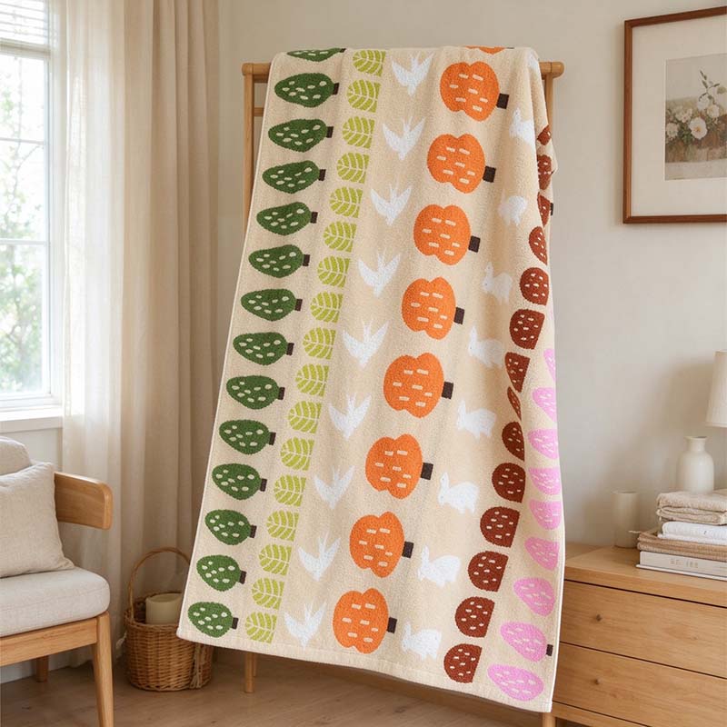 CouldNook Forest Jacquard Towel - Tree Rows And Flying Bird Motifs