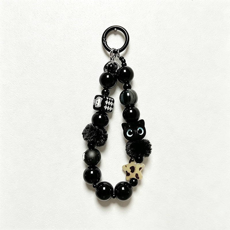 CloudNook Beaded Phone Wrist Strap-Black Plush Cat Charms