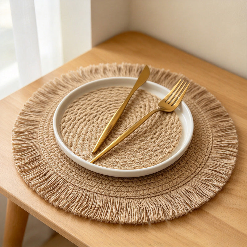 CouldNook Fringed Paper Placemat - Circular Weave And Radiating Border