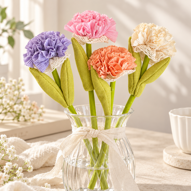 Artificial Carnation - Ruffled Petals and Paired Green Leaves