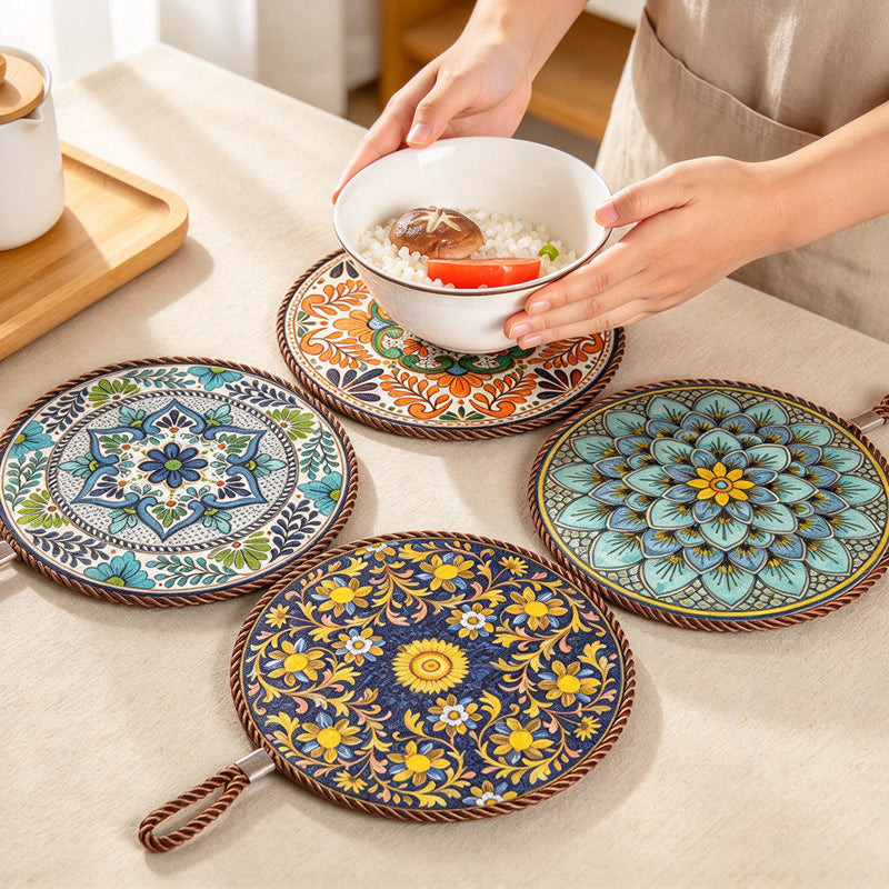 CouldNook Patterned Ceramic Coaster - Round Motifs and Cord-Edged Trivets