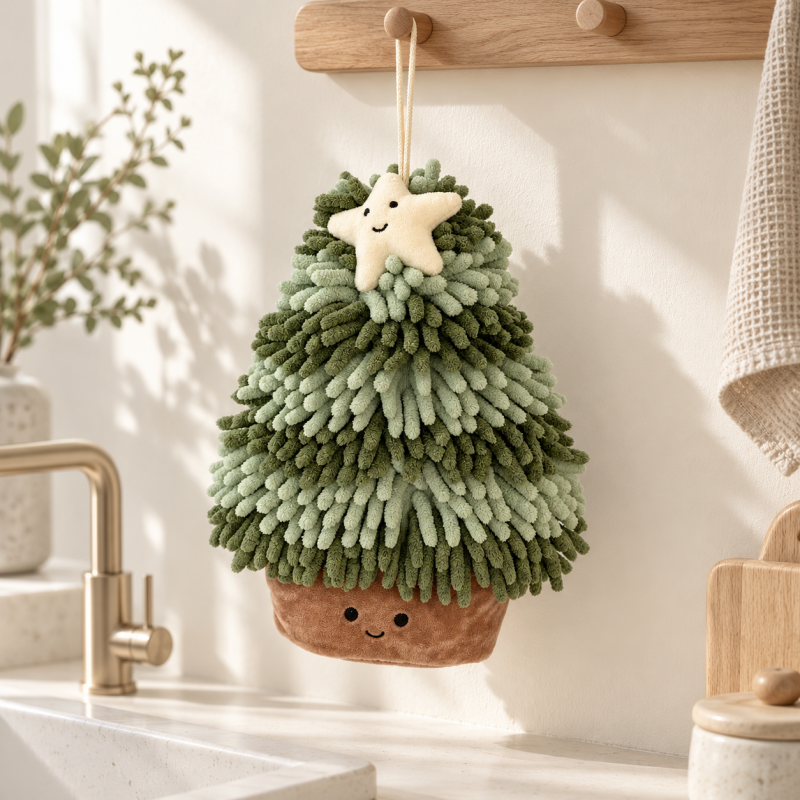 Christmas Tree Chenille Hand Towel with Smiling Star
