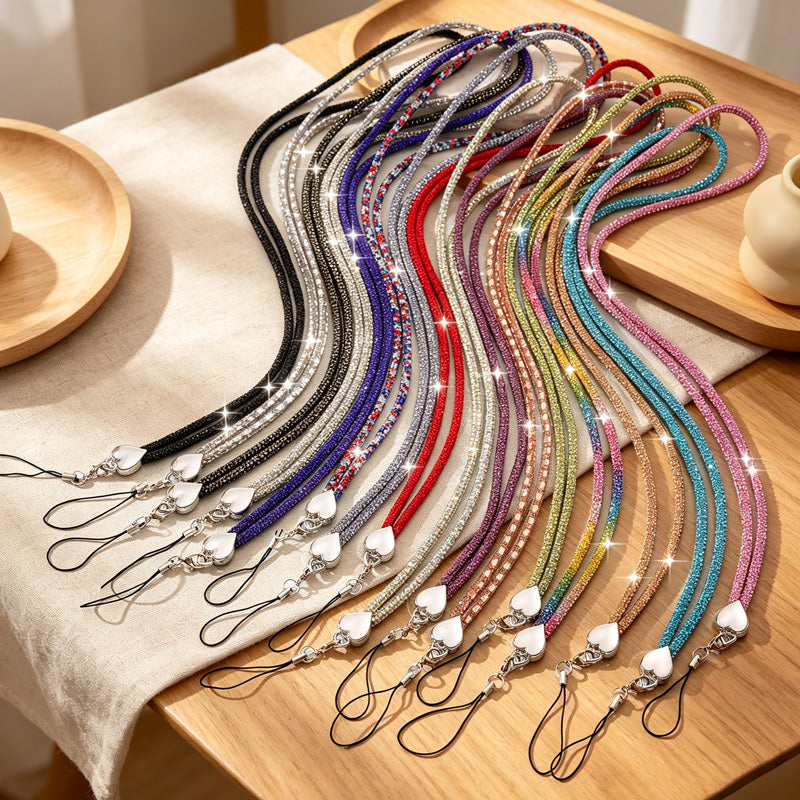 CouldNook Rhinestones Set Neck Phone Lanyard with Heart-Shaped Links