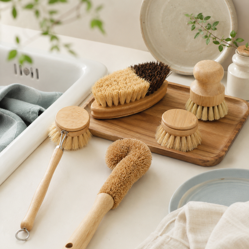 CouldNook Long Handle Dish Brush - Wood Grip and Bristle Choices