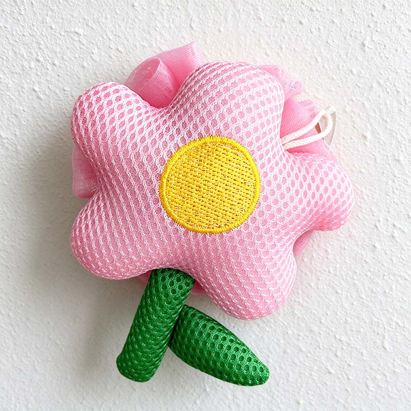 CouldNook Flower Bath Pouf - Pink Petals and Green Stem Detail