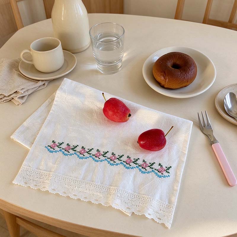 Floral Embroidered Table Cloth with Lace Edge
