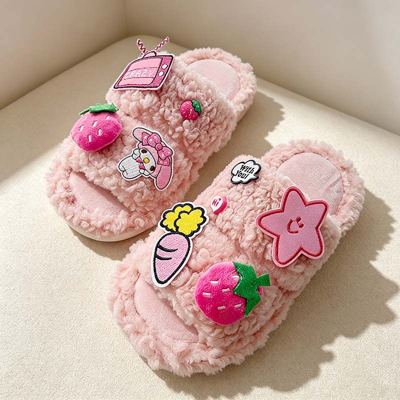 CouldNook Cartoon Plush Slippers - Cream and Pink Options