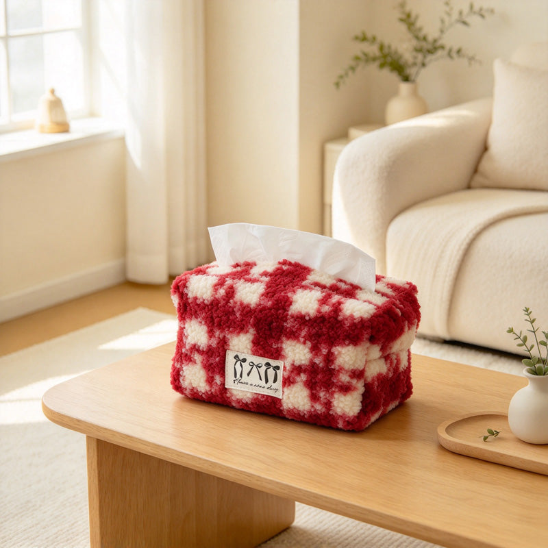 CouldNook Plaid Tissue Box Cover - Fuzzy Surface and Front Label