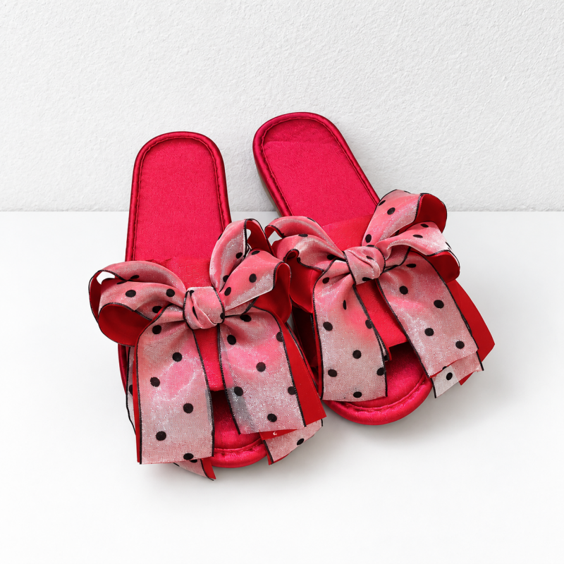 CouldNook Polka Dot Bow Slippers - Deep Red Design