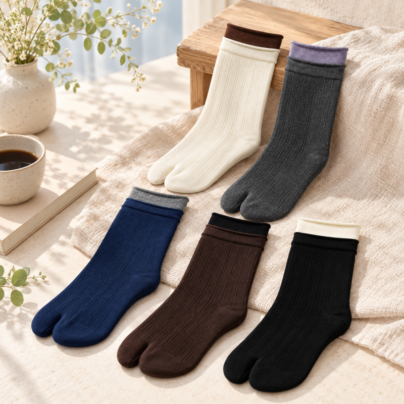 CouldNook Split-Toe Crew Socks - Double Cuff Contrast