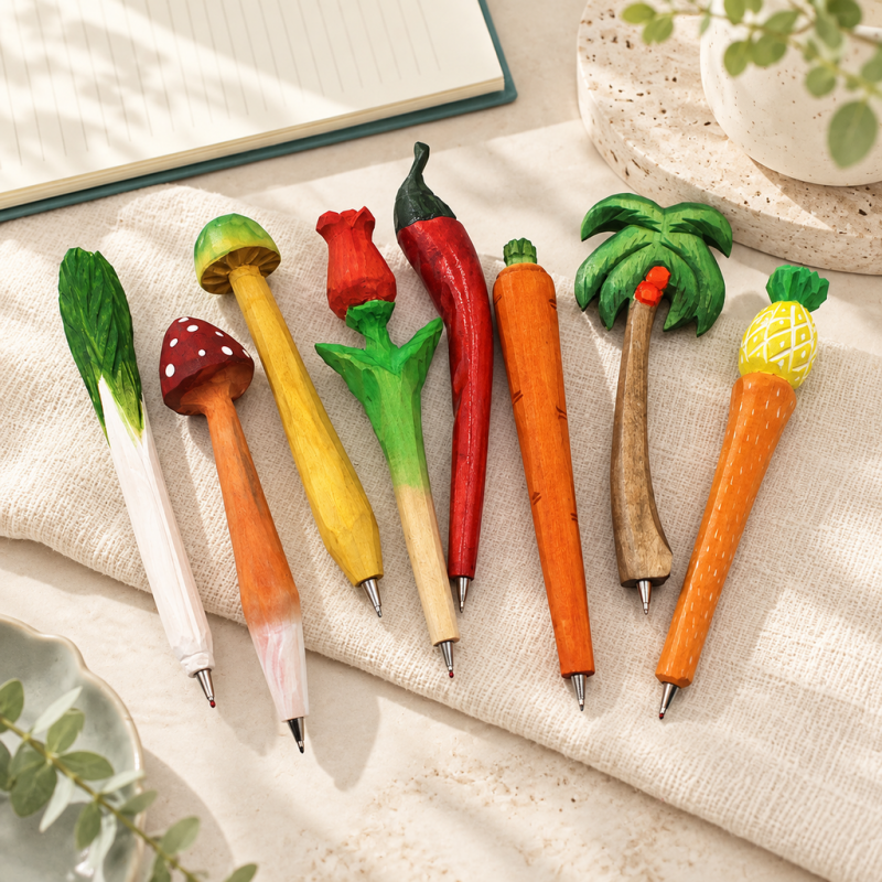 CouldNook Carved Pen - Painted Flowers, Mushrooms and Vegetable Shapes