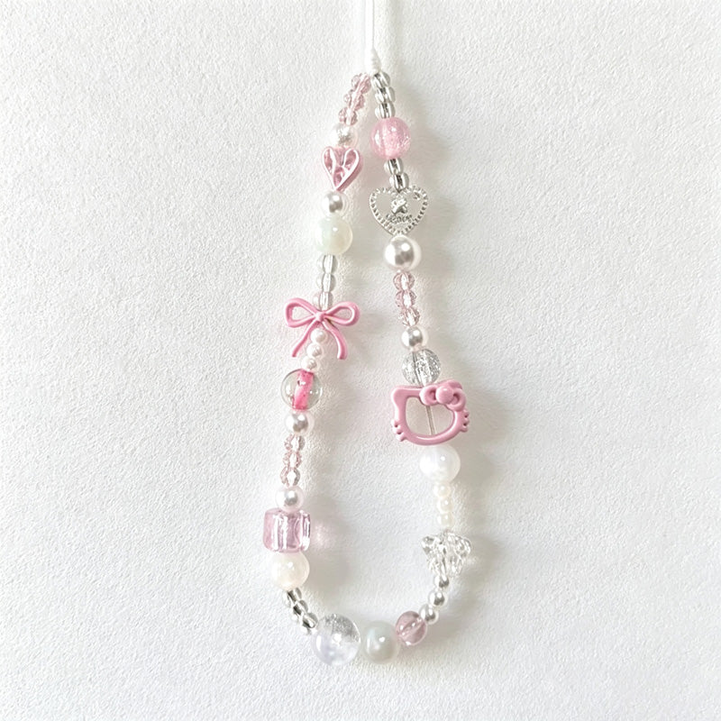 CloudNook Beaded Phone Wrist Strap-Pink Cat Bow Charms