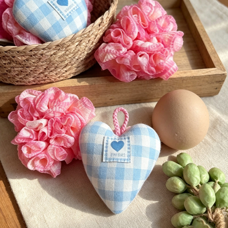 CouldNook Gingham Heart Bath Sponge - Hanging Fabric Scrubber