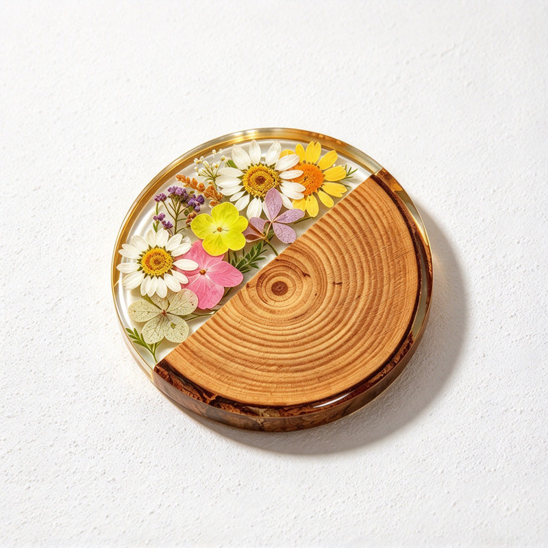 CouldNook Round Floral Coaster - Wood Grain and Clear Resin Section