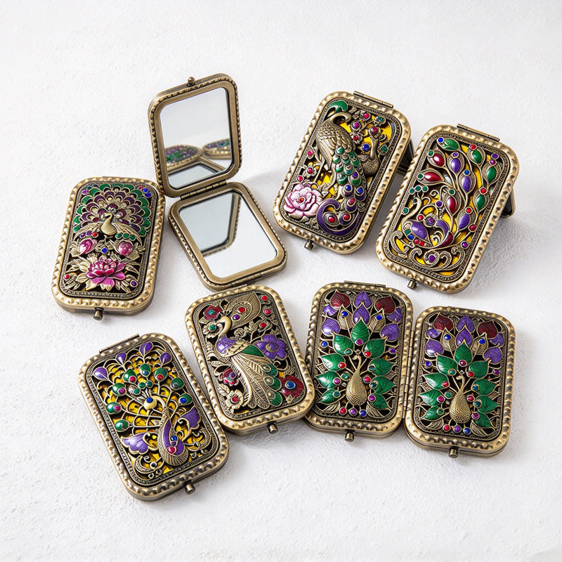 CouldNook Decorative Folding Pocket Mirror - Raised Peacock Motifs And Metal Frame