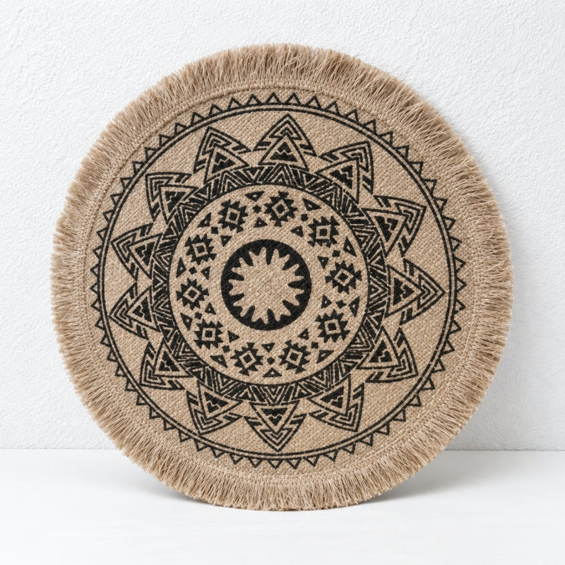CouldNook Round Jute Placemat - Mandala Print and Decorative Trim