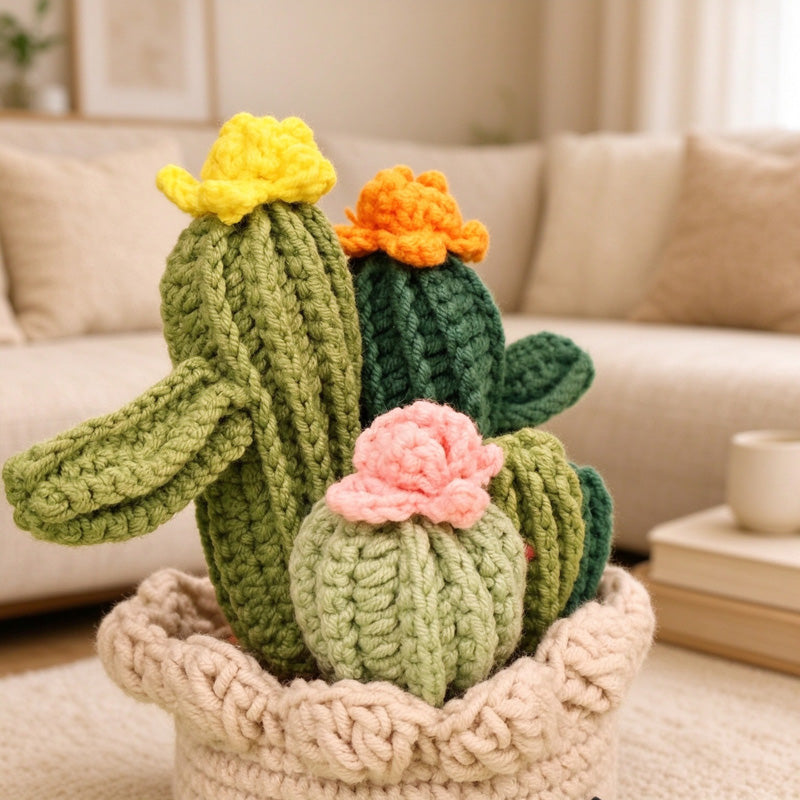 Crochet Cactus Arrangement in Smiling Flower Pot