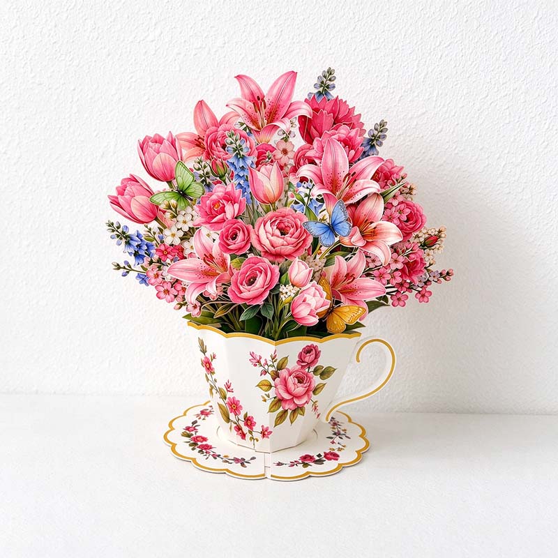 Teacup Flower Pop-Up Greeting Card with Butterflies