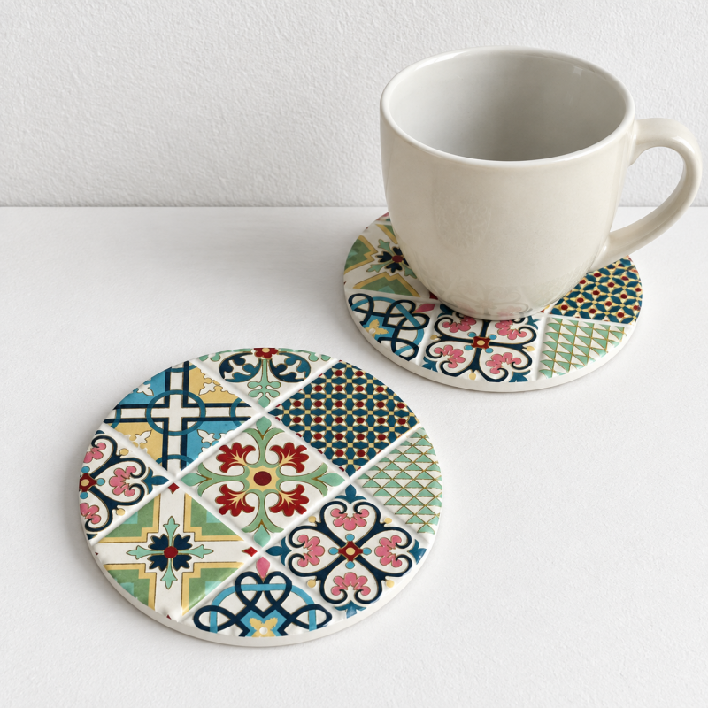 CouldNook Patterned Round Ceramic Coaster - Colorful Tile Designs Accent