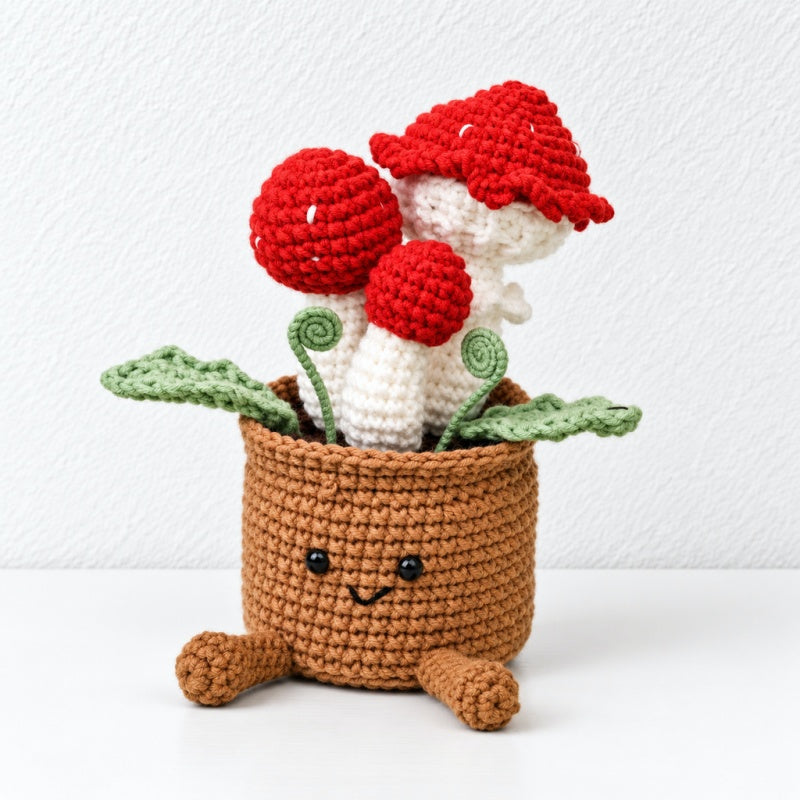 CouldNook Crocheted Mushroom Pot Ornament - Red Caps And Smiling Pot
