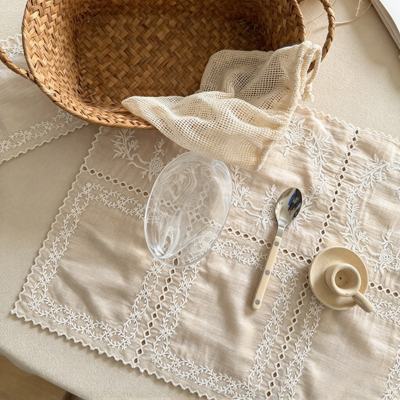 CouldNook Embroidered Lace Table Mat - Floral Stitching And Sheer Panels
