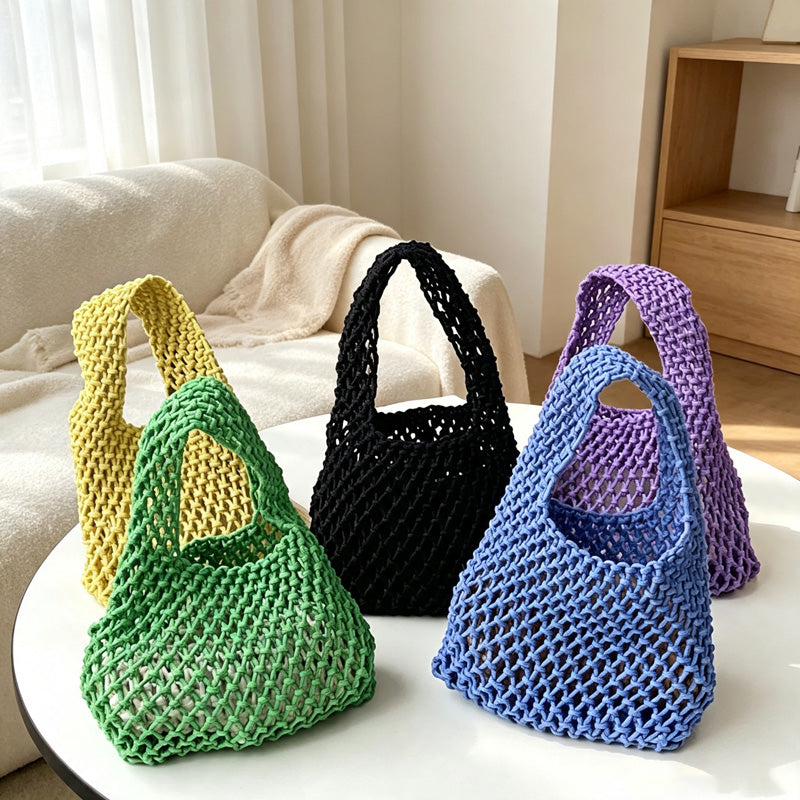 CloudNook Cotton Rope Woven Handbag‑Mesh Tote Bag