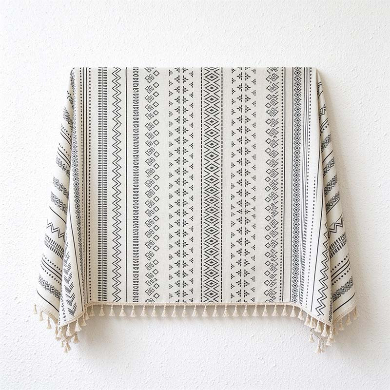 CouldNook Geometric Tassel Tablecloth - Patterned Bands and Cotton-Linen Blend Fabric