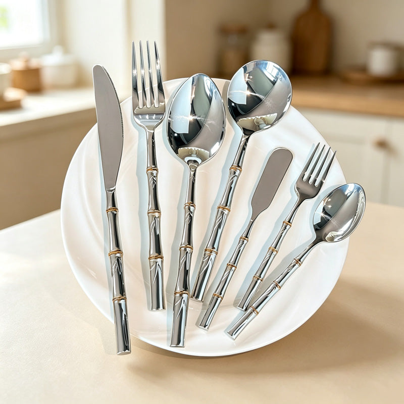 CouldNook Stainless Steel Cutlery Set - Bamboo-Style Textured Handles