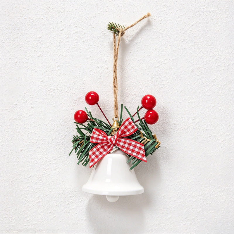 CouldNook Christmas Bell Ornament - Checkered Bows and Greenery Accents