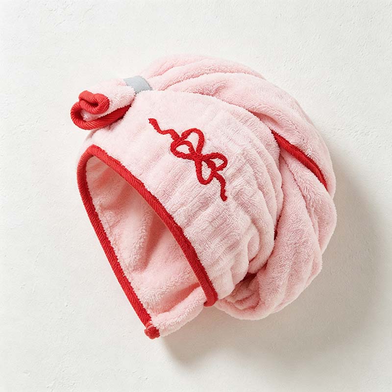 CouldNook Embroidered Hair Towel Wrap - Bow Motif Contrast Trim