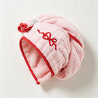 CouldNook Embroidered Hair Towel Wrap - Bow Motif Contrast Trim
