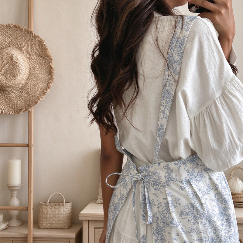 CouldNook Floral Fishtail Apron - Blue Cotton Ruffled Hem
