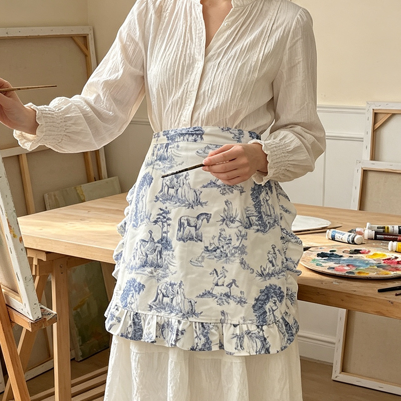 CouldNook Blue Toile Waist Apron - Layered Scenic Ruffle