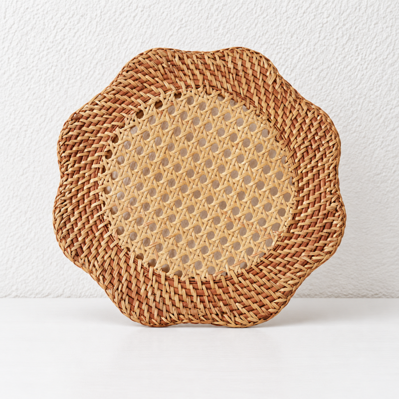CouldNook Scalloped Rattan Tray - Open Lattice Center And Woven Rim