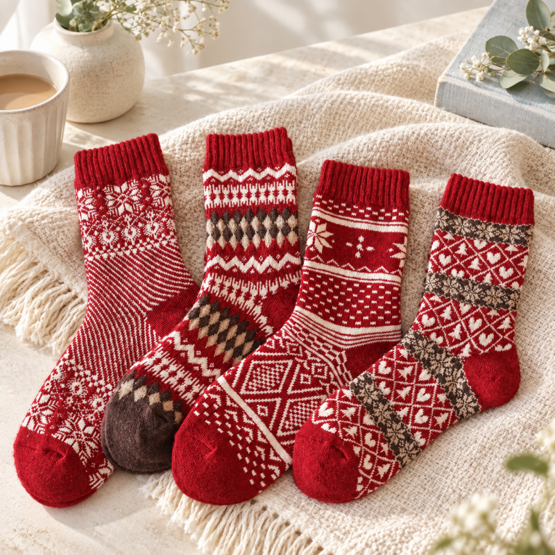 CouldNook Christmas Fair Isle Socks - Red Patterned Knits