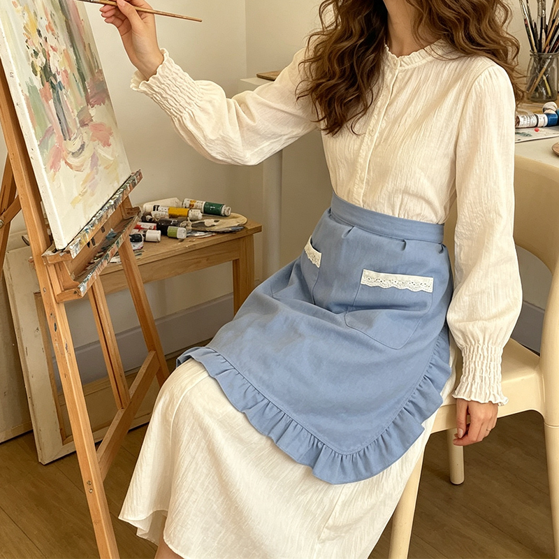 CouldNook Solid Waist Apron - Lace Pocket Ruffle Border