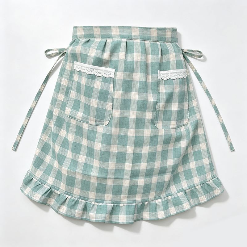 CouldNook Gingham Waist Apron - Curved Picnic Ruffle Accent