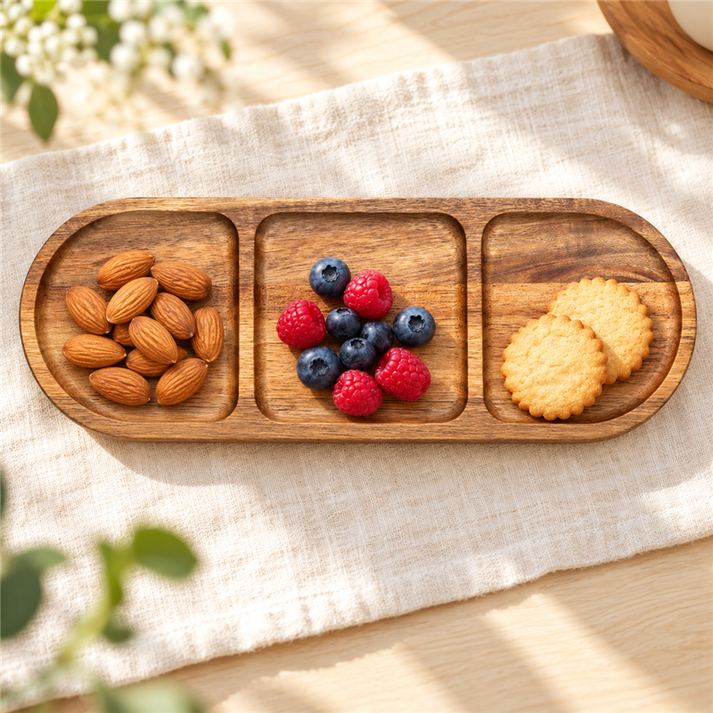 Three Compartment Acacia Wood Serving Tray