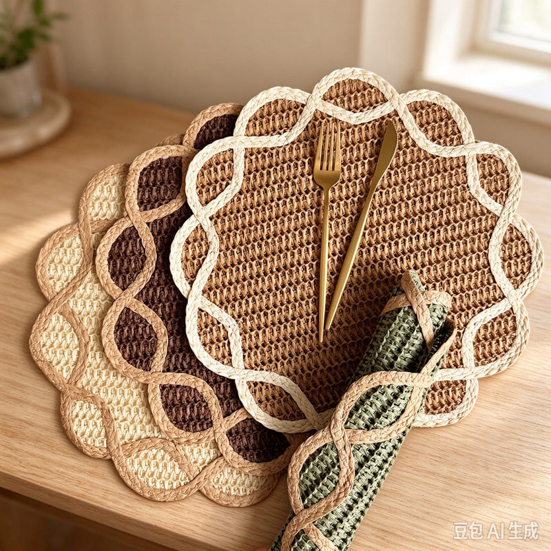 CouldNook Scalloped Paper Placemat - Woven Center And Looping Contrast Border