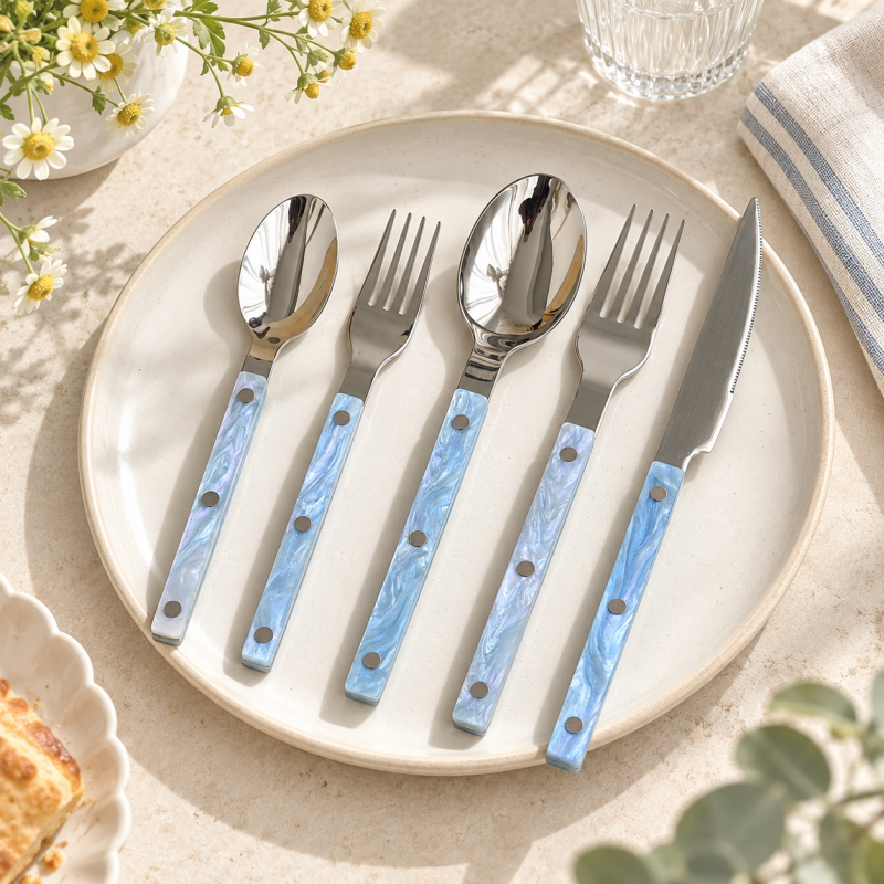 Marbled Handle Flatware - Straight Grips and Round Rivets