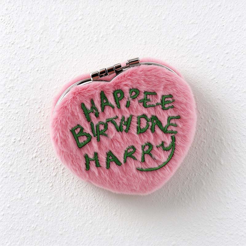 CouldNook Plush Compact Mirror - Pink Cover And Green Birthday Lettering