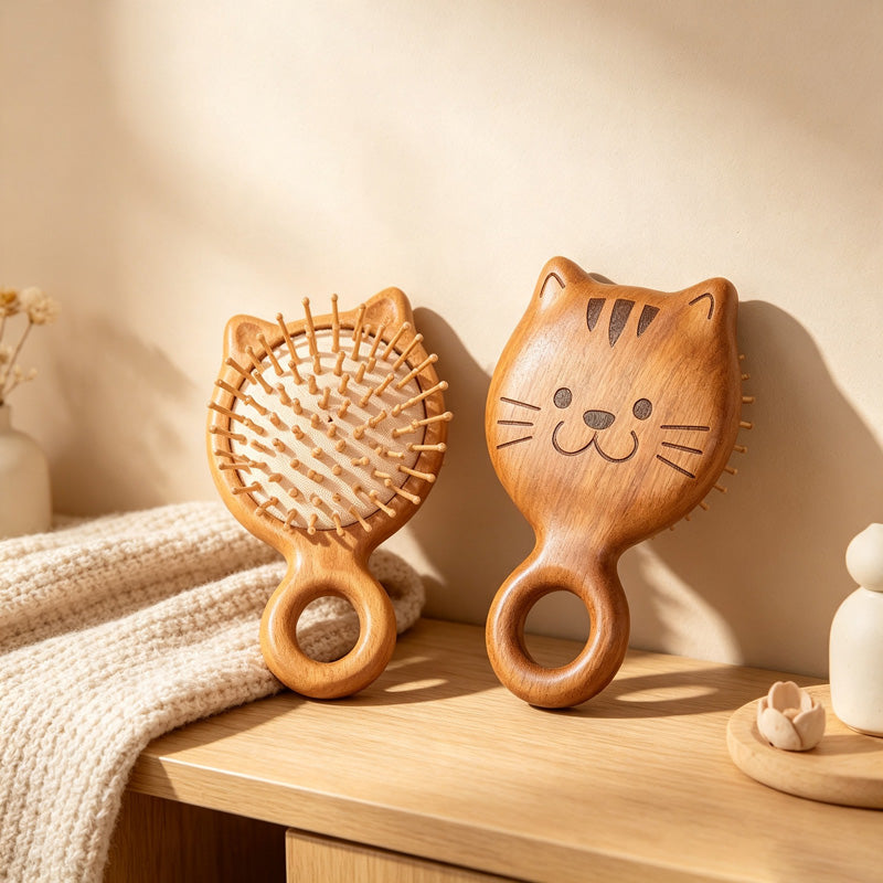 CouldNook Cat‑Shaped Wooden Hair Comb‑Air Cushion Massage Brush