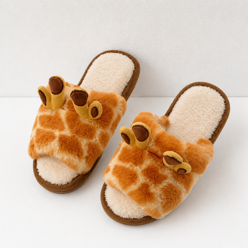CouldNook Giraffe House Slippers - Fuzzy Slides and Raised Ears