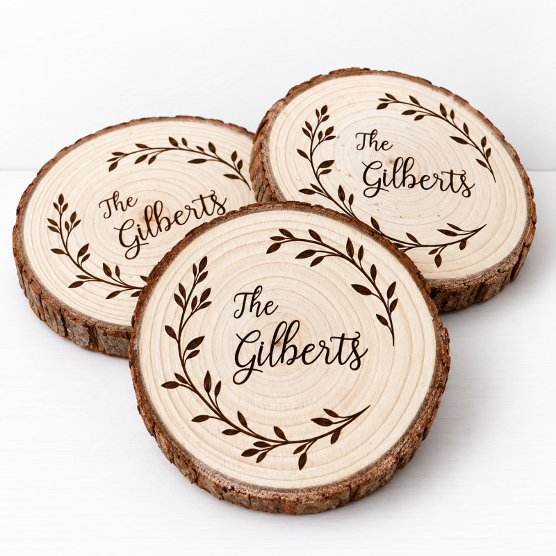 CouldNook Wood Slice Coaster - Personalized Wreath Name Design