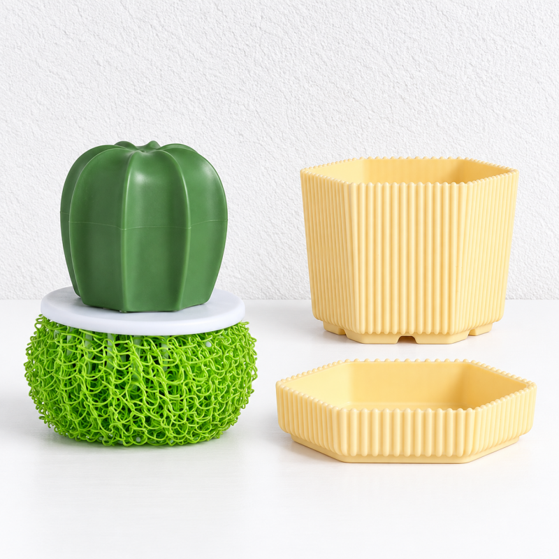 CouldNook Cactus Dish Brush - Textured Cleaning Ball And Planter Holder