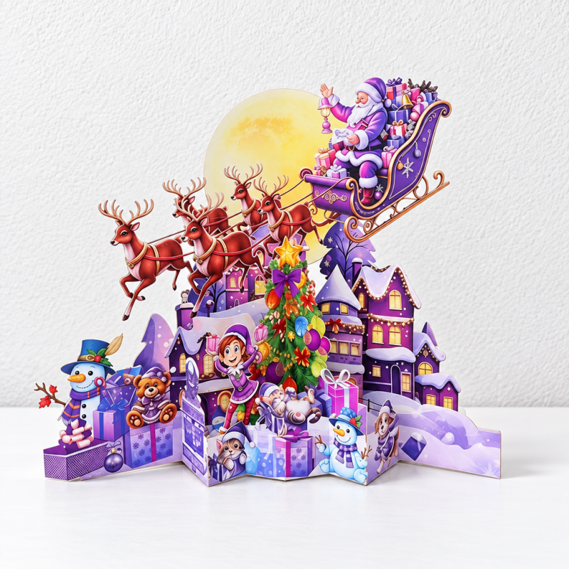 CouldNook Christmas Pop-Up Card - Purple Village and Flying Reindeer Scene