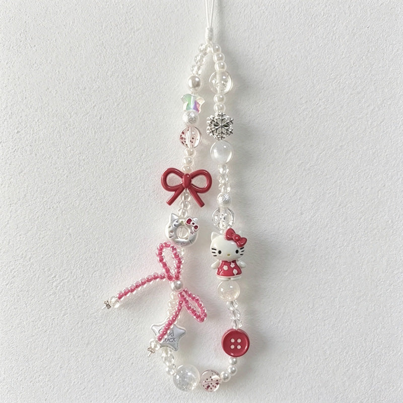 CloudNook Beaded Phone Wrist Strap-Cartoon Cat Bow Design
