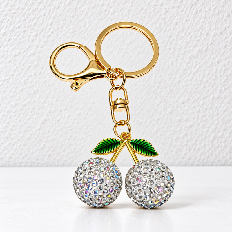 CouldNook Cherry Bag Charm - Sparkling Round Fruits and Ridged Green Leaves